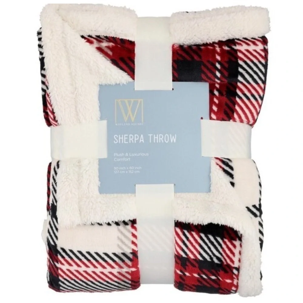 Wayland Sherpa Throw Plush Blanket Warm Soft Luxury Black Red Plaid 50 x 60